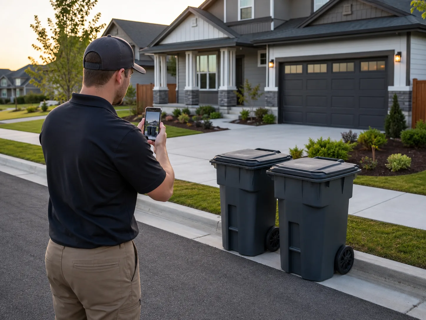 Field agent documenting trash cans at the curb with photo proof